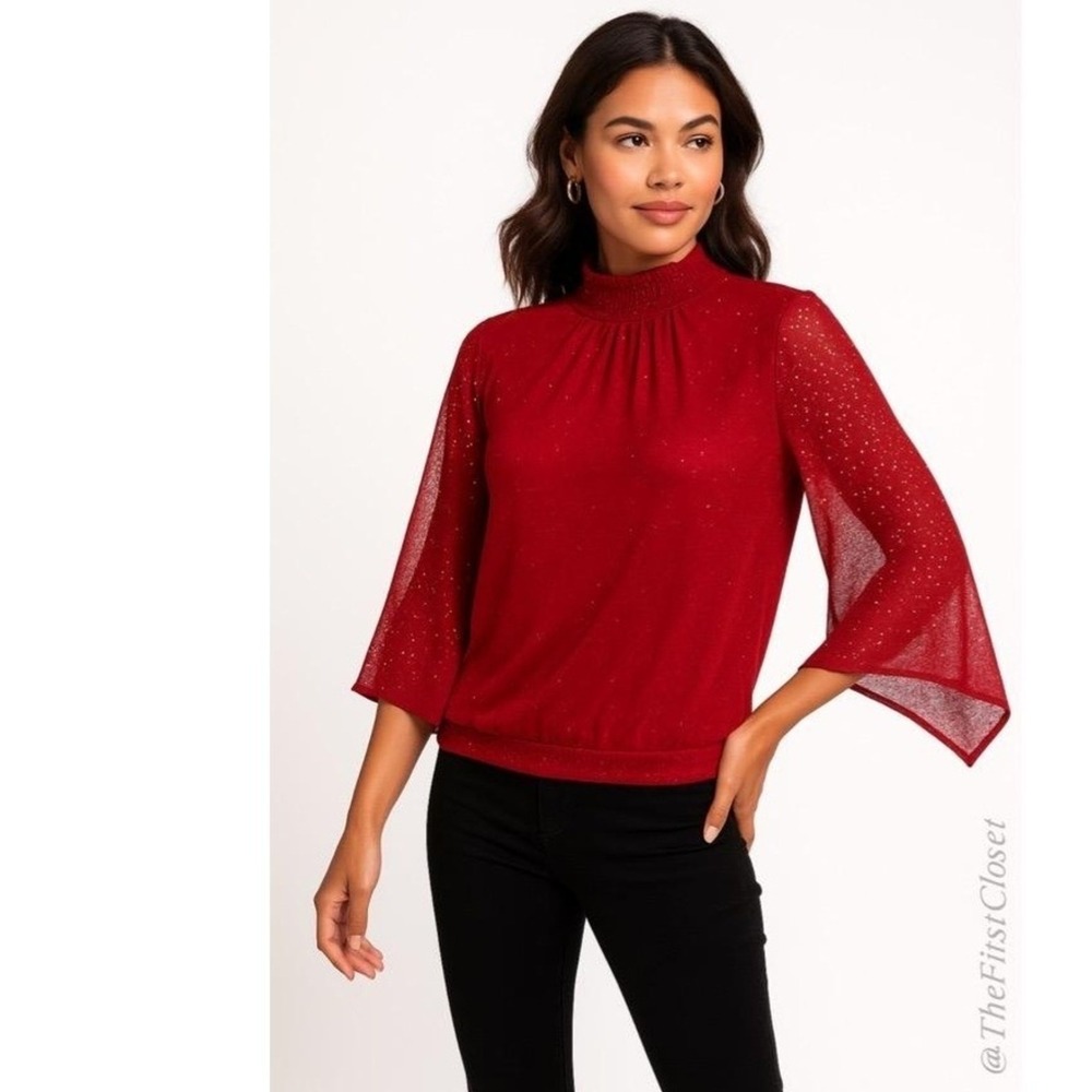 Ember Blouse Women's Small Red Shimmer Mock Neck Sheer Kimono Sleeves Elegant